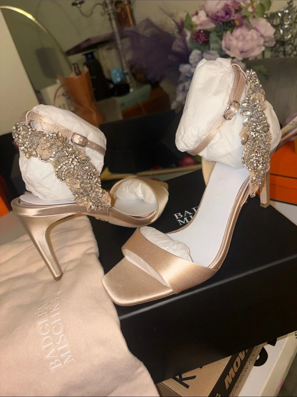 Badgley Mischka Rose Gold Crystal-Embellished Ankle-Strap Heels